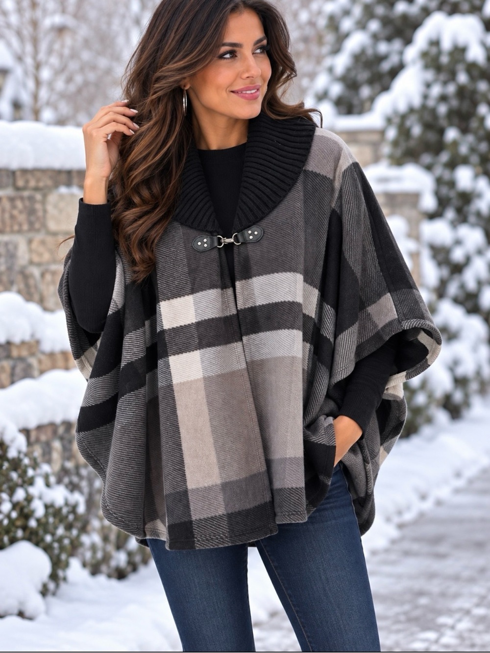 RACHEL Rachel Roy Black and Gray Plaid Shawl-Collar Poncho